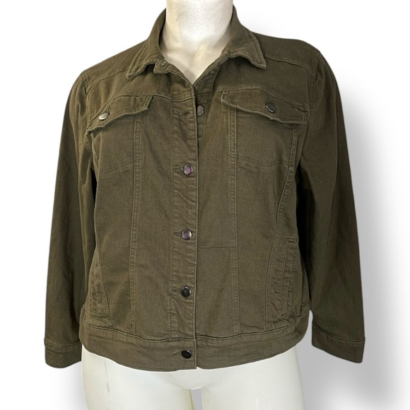 MARKET & Spruce Olive Green Stretch Denim Trucker Jean Chore Jacket Plus 3X - Picture 1 of 7